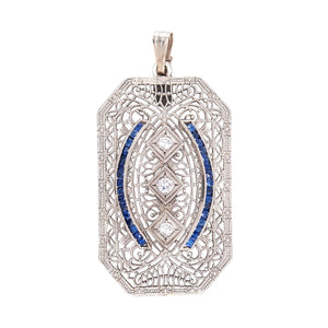 Art Deco 14k Diamond and Sapphire Filigree Pendant