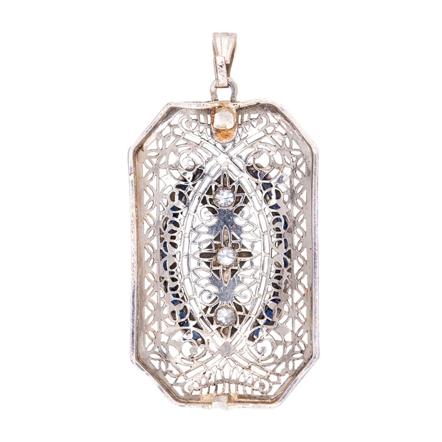 Art Deco 14k Diamond and Sapphire Filigree Pendant