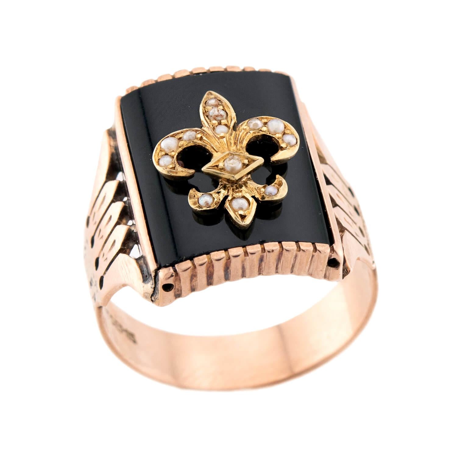 Victorian 10k Onyx & Pearl Fleur-De-Lis Ring