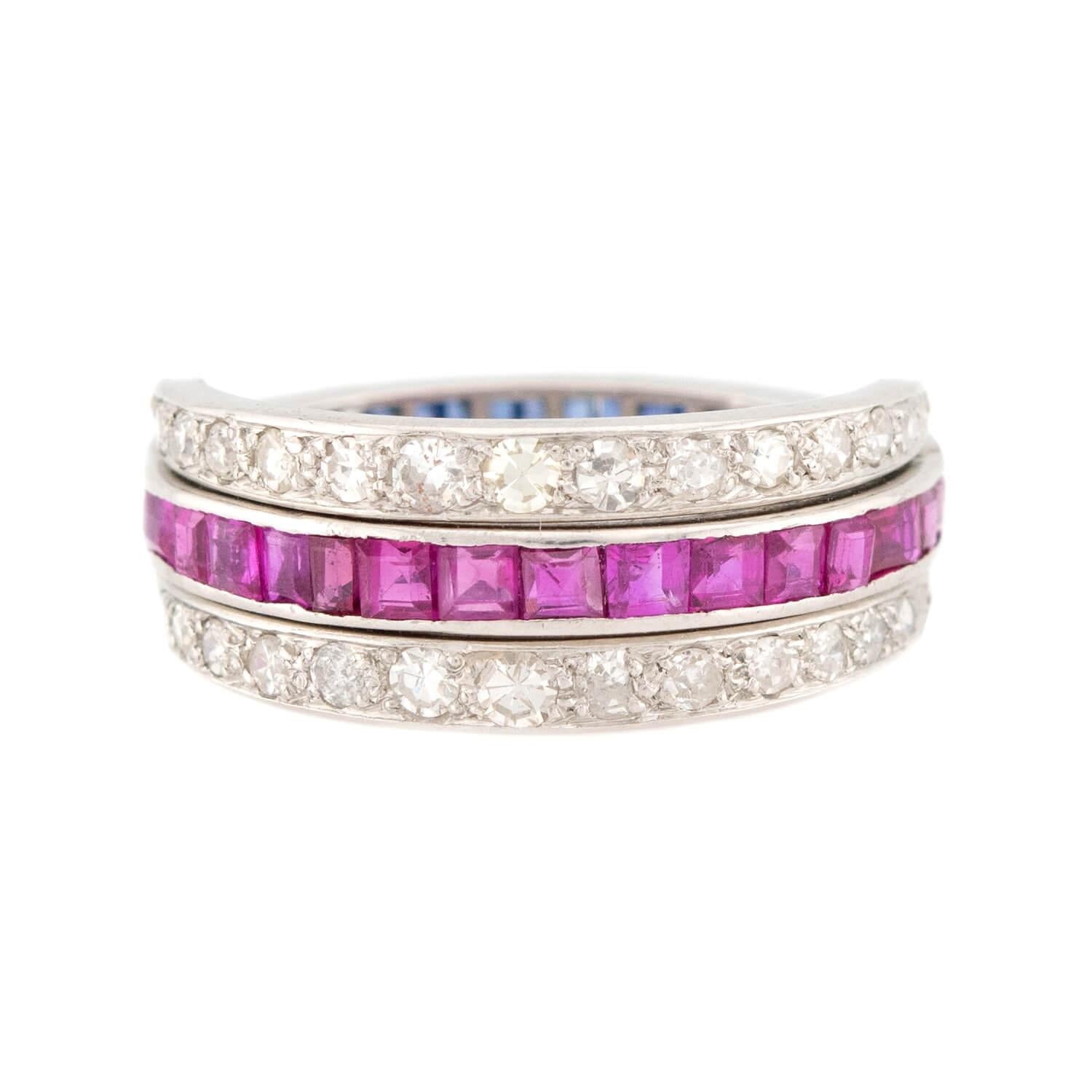 Edwardian Platinum Ruby, Sapphire, & Diamond "Flip" Ring