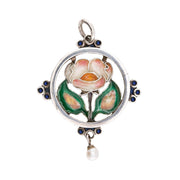 Art Nouveau Sterling Silver Enamel & Pearl Floral-Motif Pendant/Charm