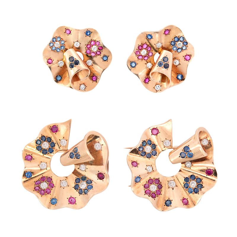 Retro 14k Sapphire, Ruby, & Diamond Earrings & Fur Clips Set