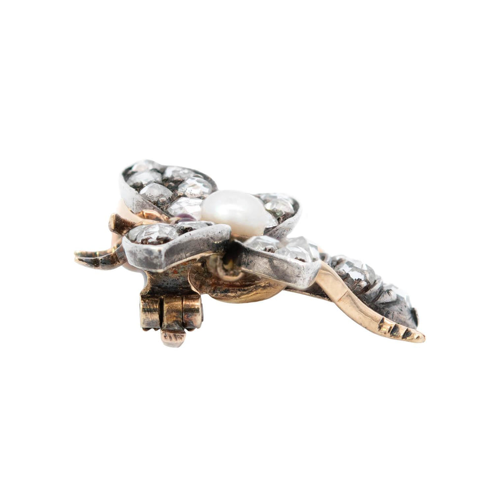 Victorian 14k/Sterling Silver Diamond, Pearl, and Ruby Fly Pin