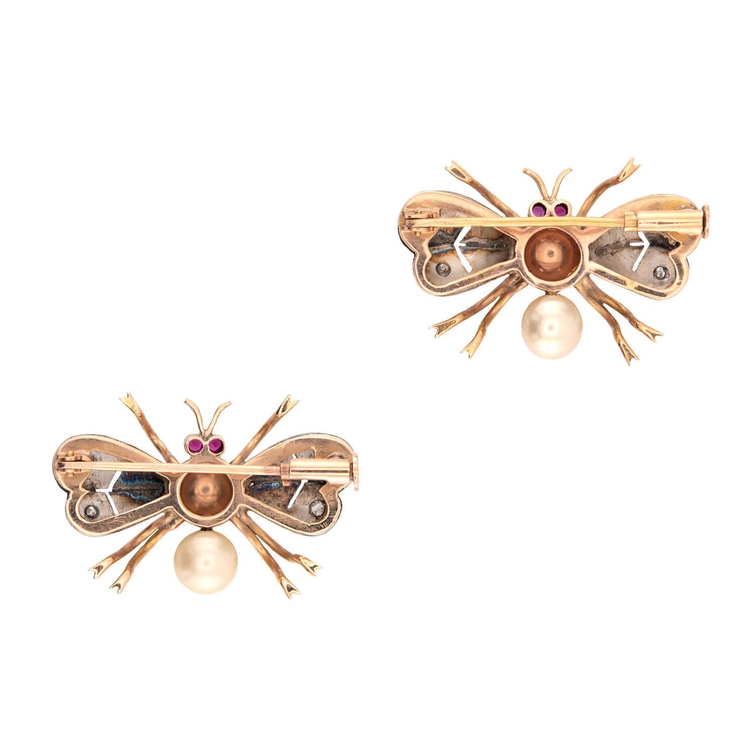 Art Nouveau 14k/Platinum Ruby, Pearl, & Diamond Bug Pin Set