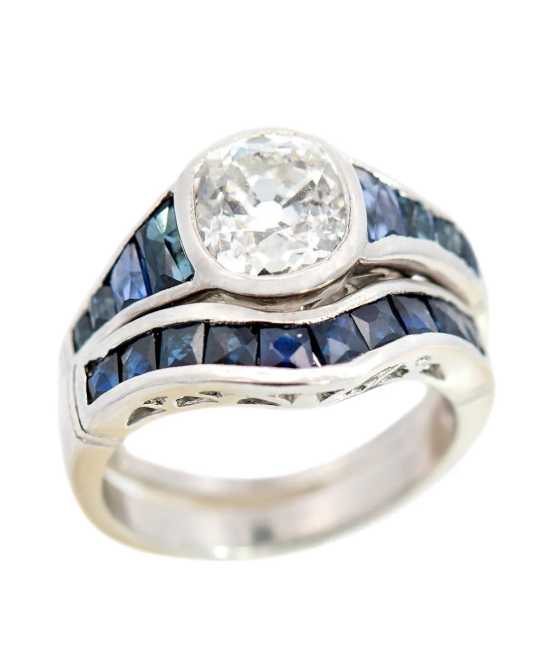 Art Deco Style Platinum Diamond + French Cut Sapphire Engagement Ring Set 1.53ct