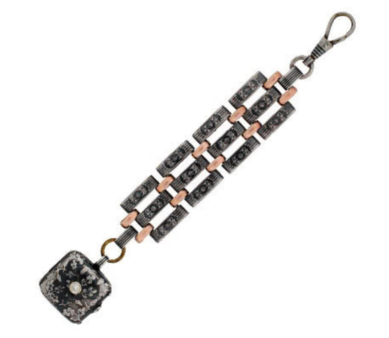 Victorian Sterling & 9kt Gold Niello Link Fob/Locket