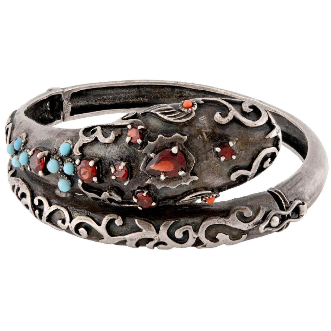 Victorian Sterling Silver Tourmaline, Turquoise, & Coral Snake Bracelet