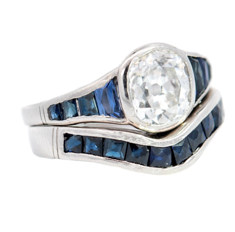 Art Deco Style Platinum Diamond + French Cut Sapphire Engagement Ring Set 1.53ct