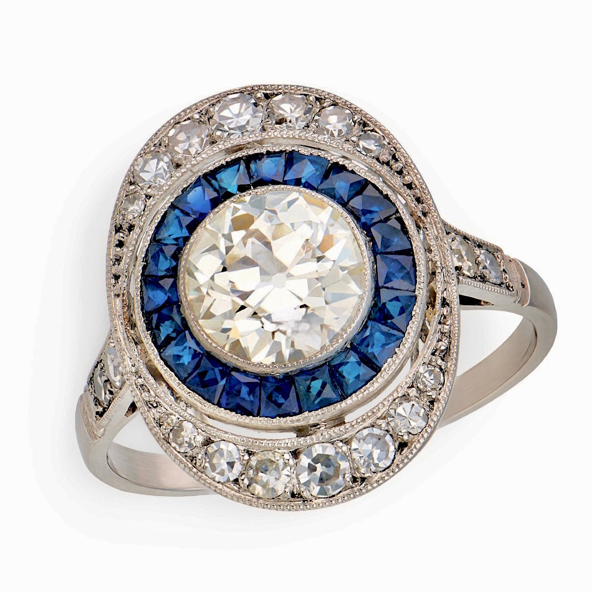 Art Deco Platinum Diamond & Sapphire Engagement Ring 1.65ct