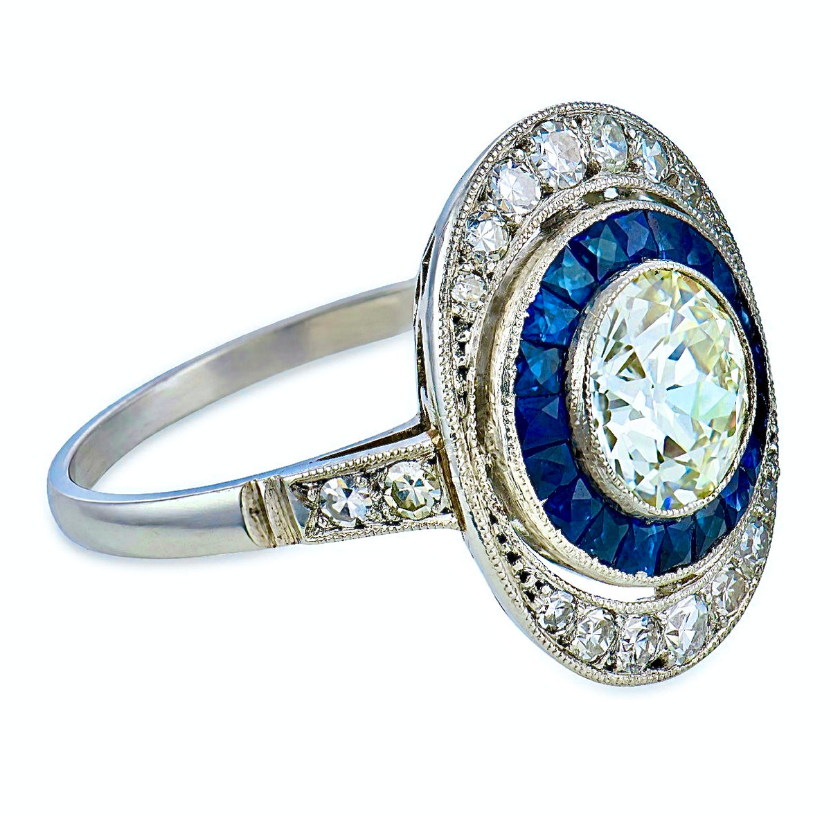 Art Deco Platinum Diamond & Sapphire Engagement Ring 1.65ct