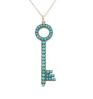Victorian 14kt Rose Gold + Persian Turquoise Key Pendant Necklace
