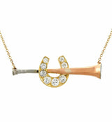 Edwardian 14kt/Platinum Hunting Horn + Horseshoe Pendant Necklace
