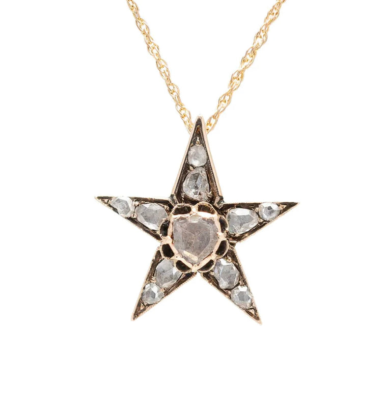 Victorian Petite 14kt Rose Cut Diamond Star Pendant & Chain