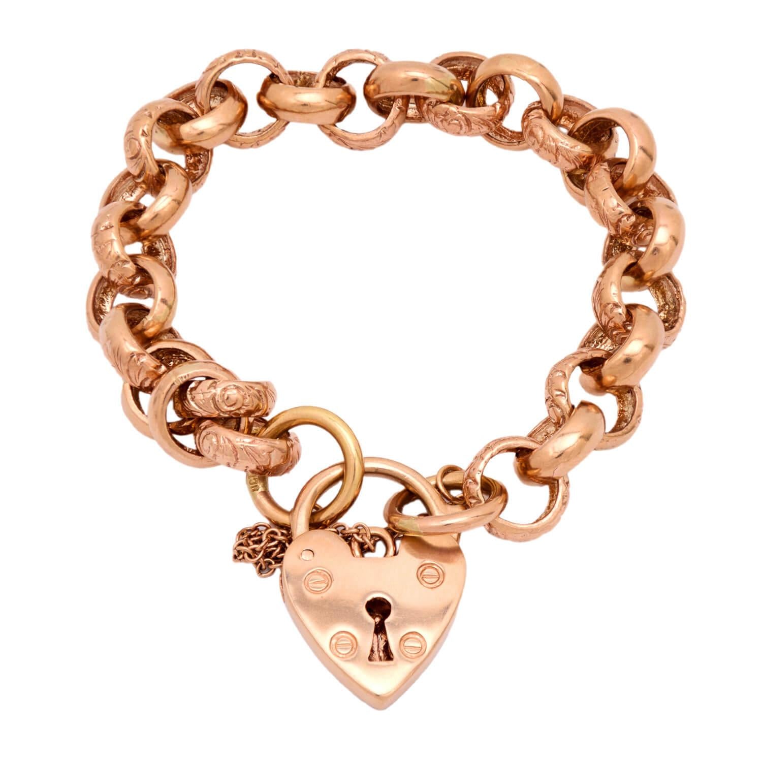 Victorian 9k Repousse Heart Padlock Link Bracelet