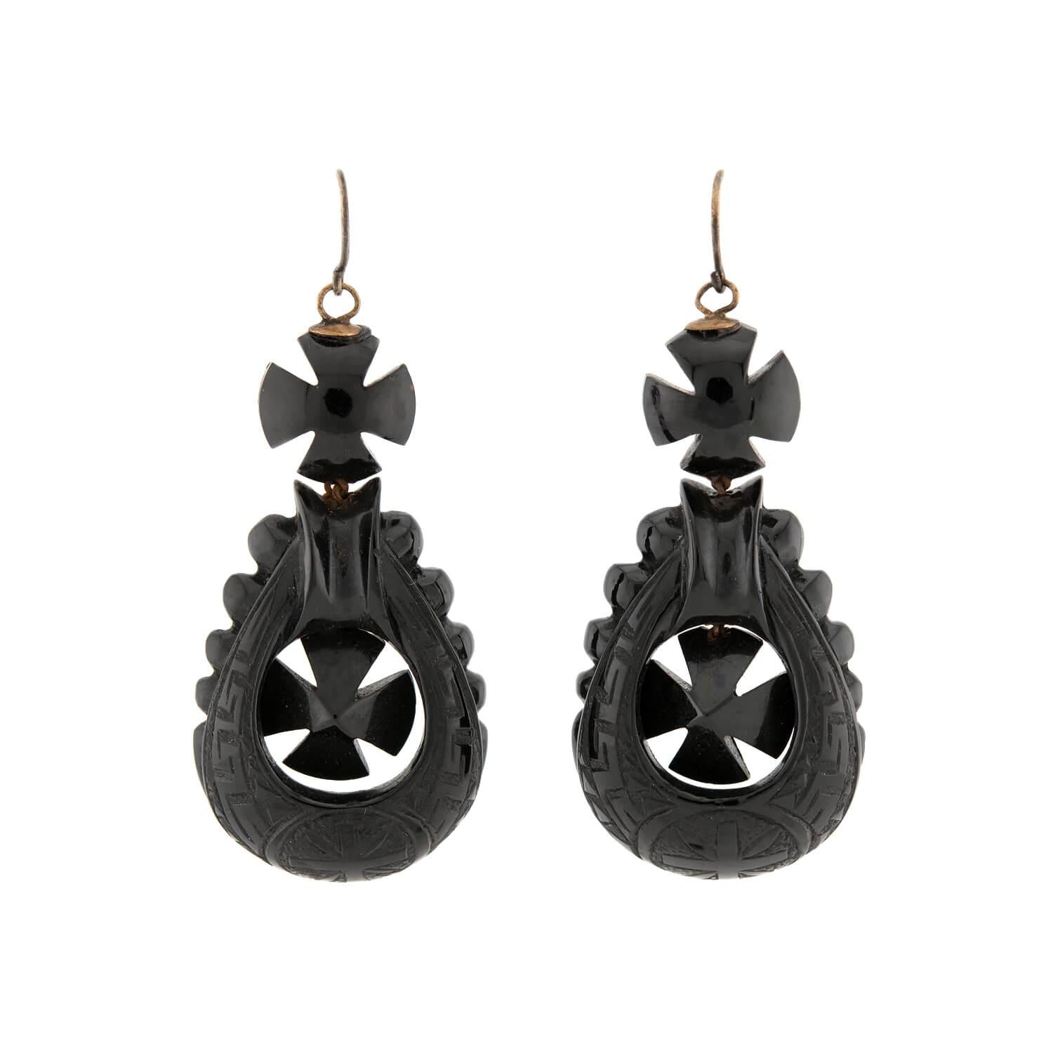 Victorian Brass Jet Dangle Earrings