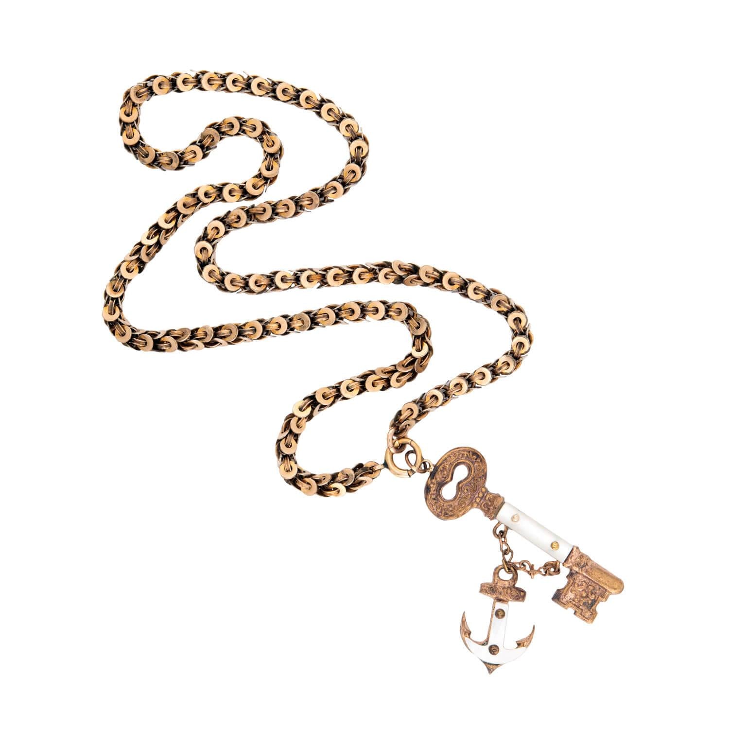 Victorian Gold-Filled Mother of Pearl Key & Anchor Pendant Necklace