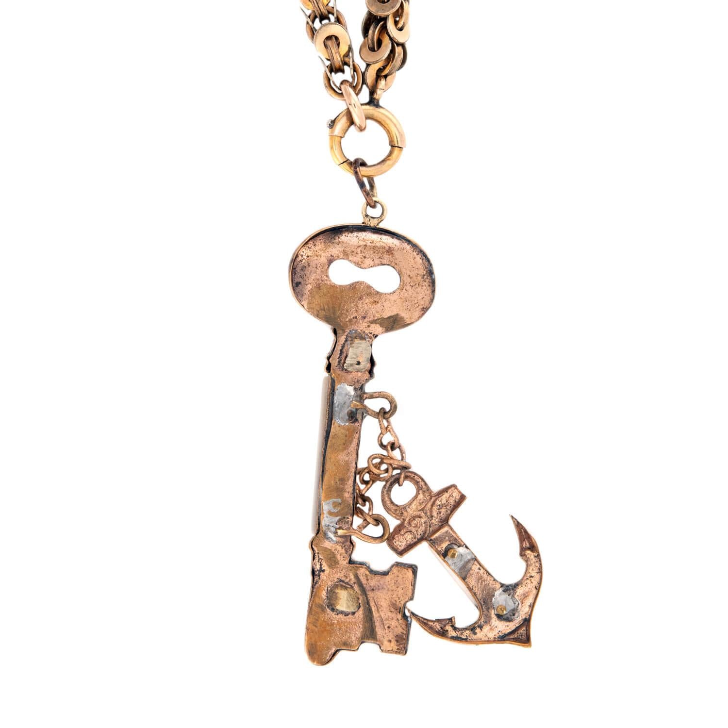 Victorian Gold-Filled Mother of Pearl Key & Anchor Pendant Necklace