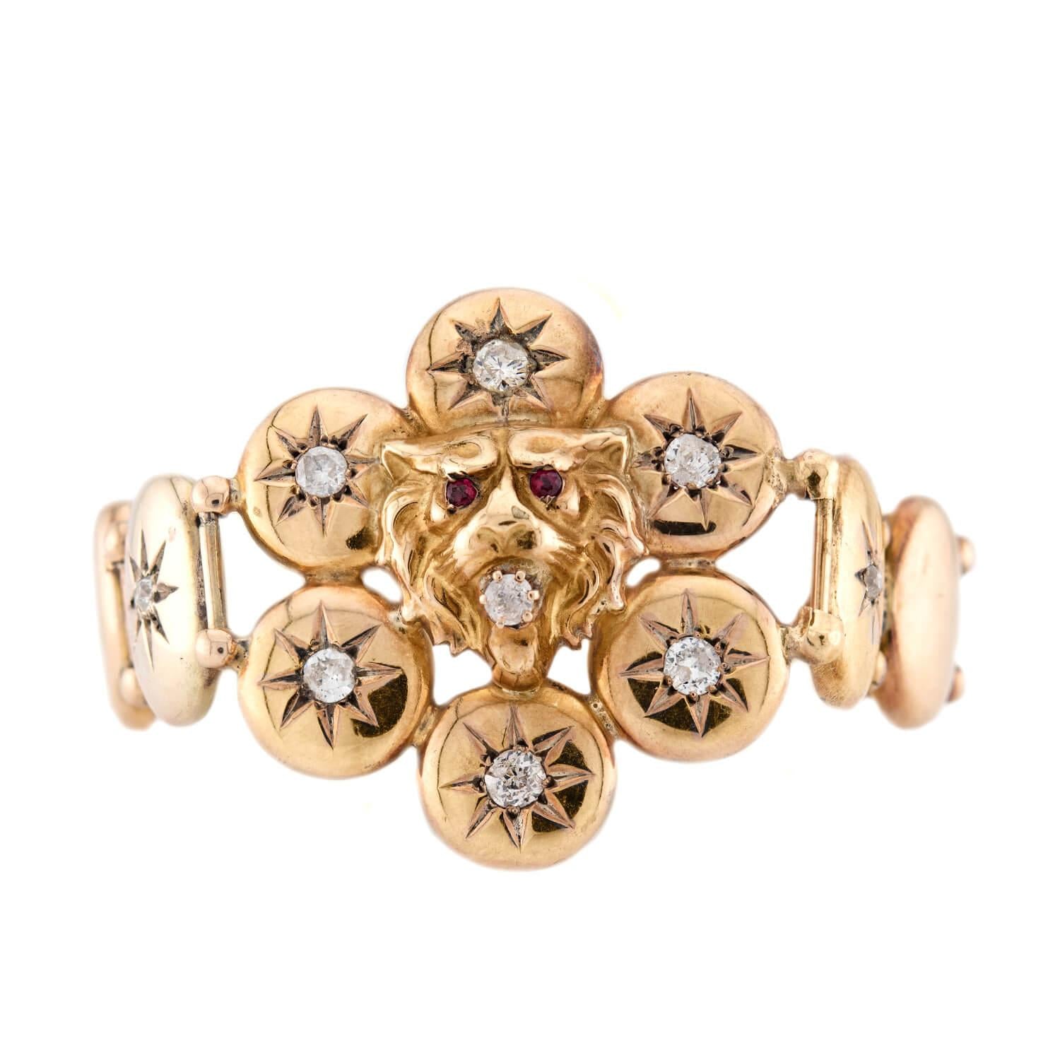 Victorian 14k Diamond and Ruby Lion Button Bracelet