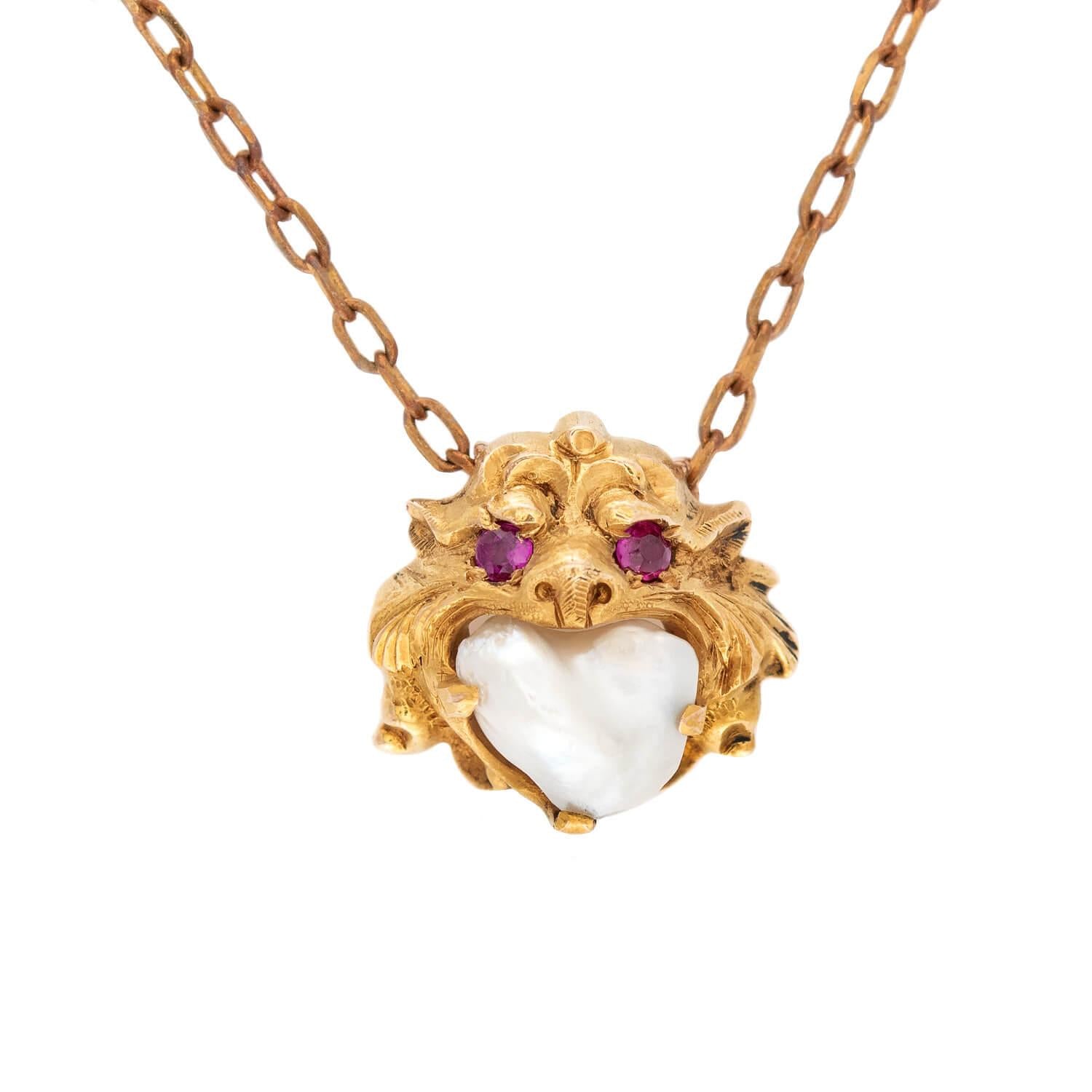 R. FRANTZ Art Nouveau 14k Pearl & Ruby Lion Pendant Necklace