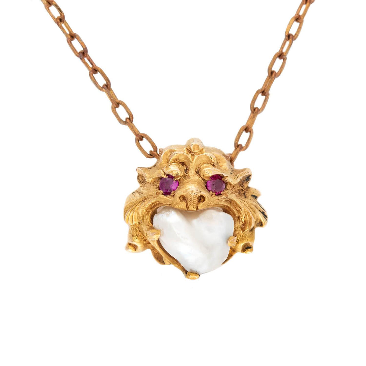 R. FRANTZ Art Nouveau 14k Pearl & Ruby Lion Pendant Necklace