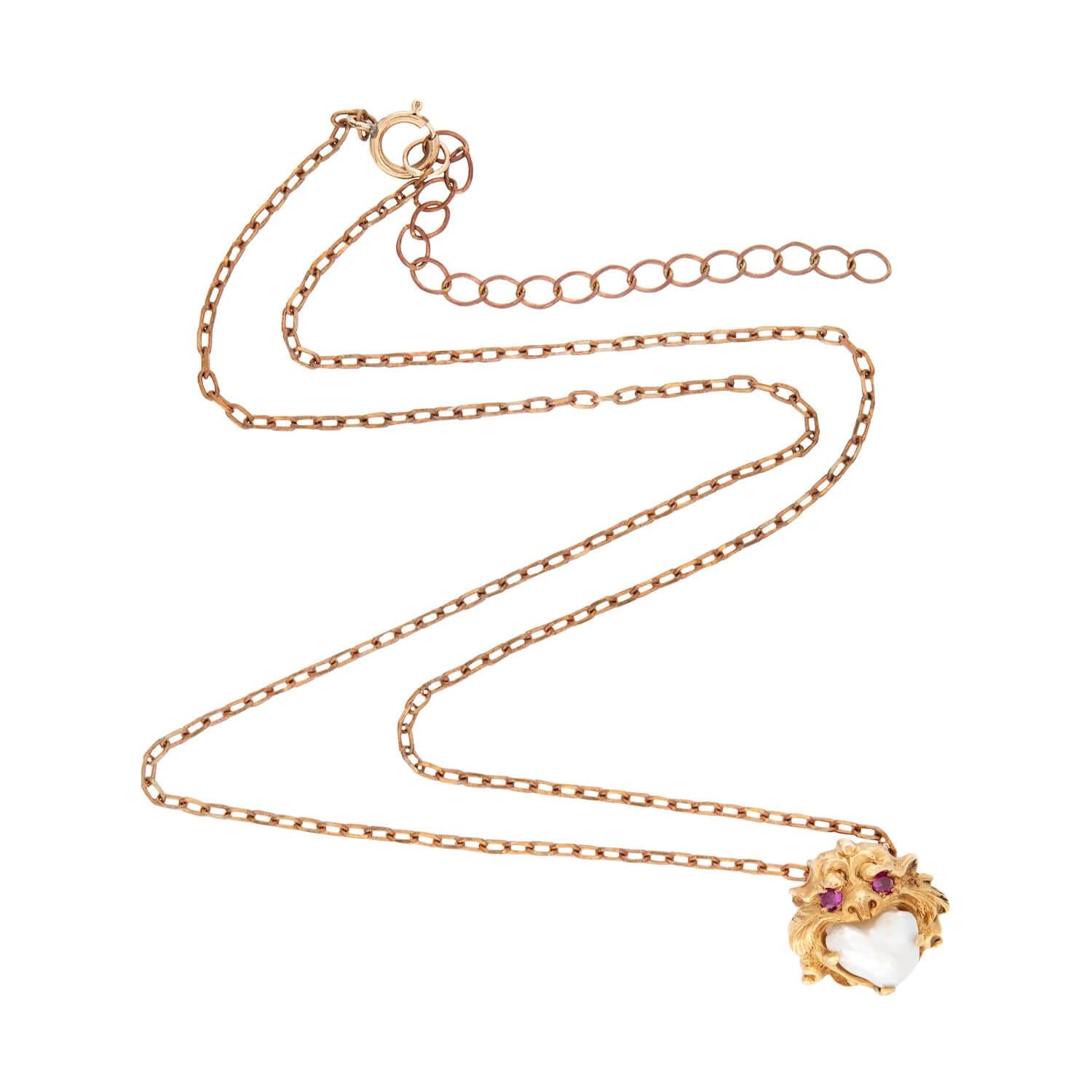 R. FRANTZ Art Nouveau 14k Pearl & Ruby Lion Pendant Necklace