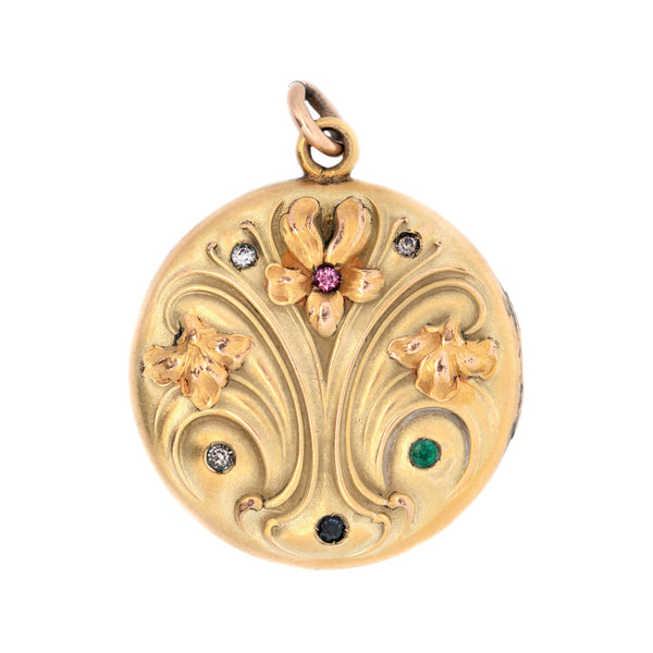Art Nouvaeu Gold-Filled Paste Flower Motif Locket
