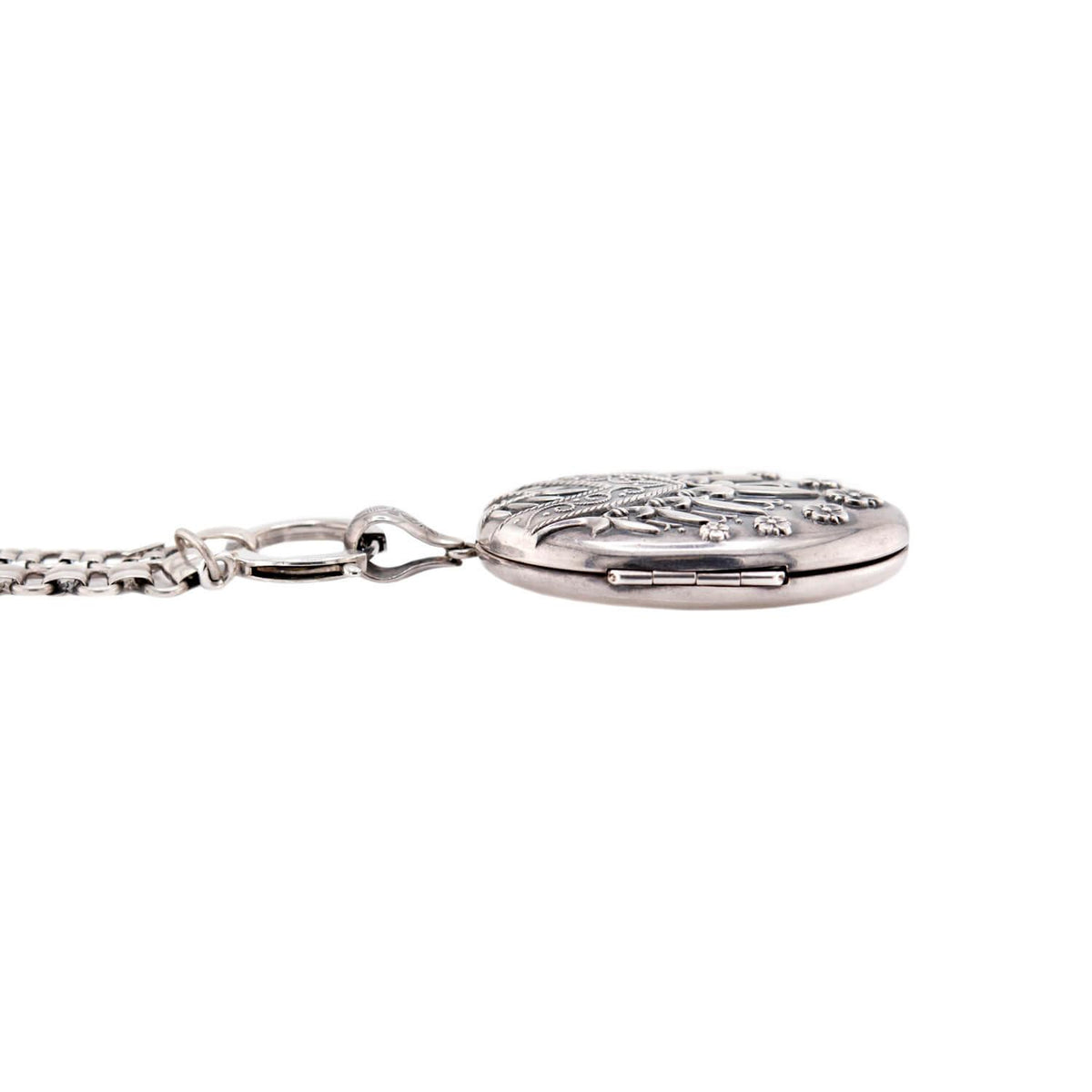 Victorian Sterling Silver Book Chain & Repoussé Locket Pendant Necklace