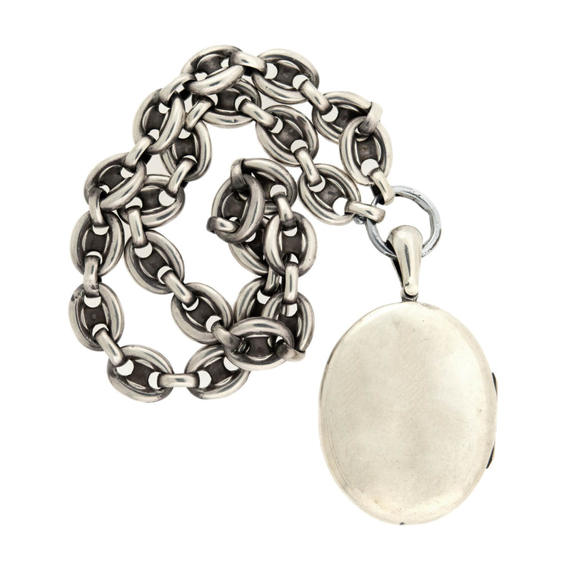 Victorian Sterling Silver Mariner Anchor Link Chain Necklace and Locket