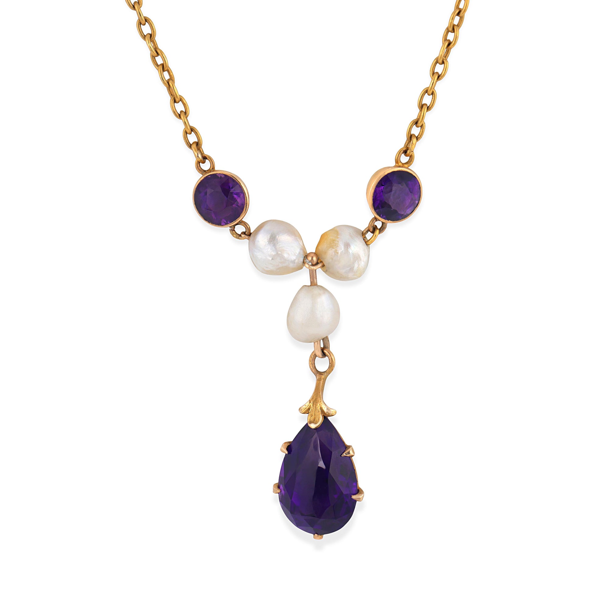 Art Nouveau 14k Amethyst & Pearl Festoon Necklace