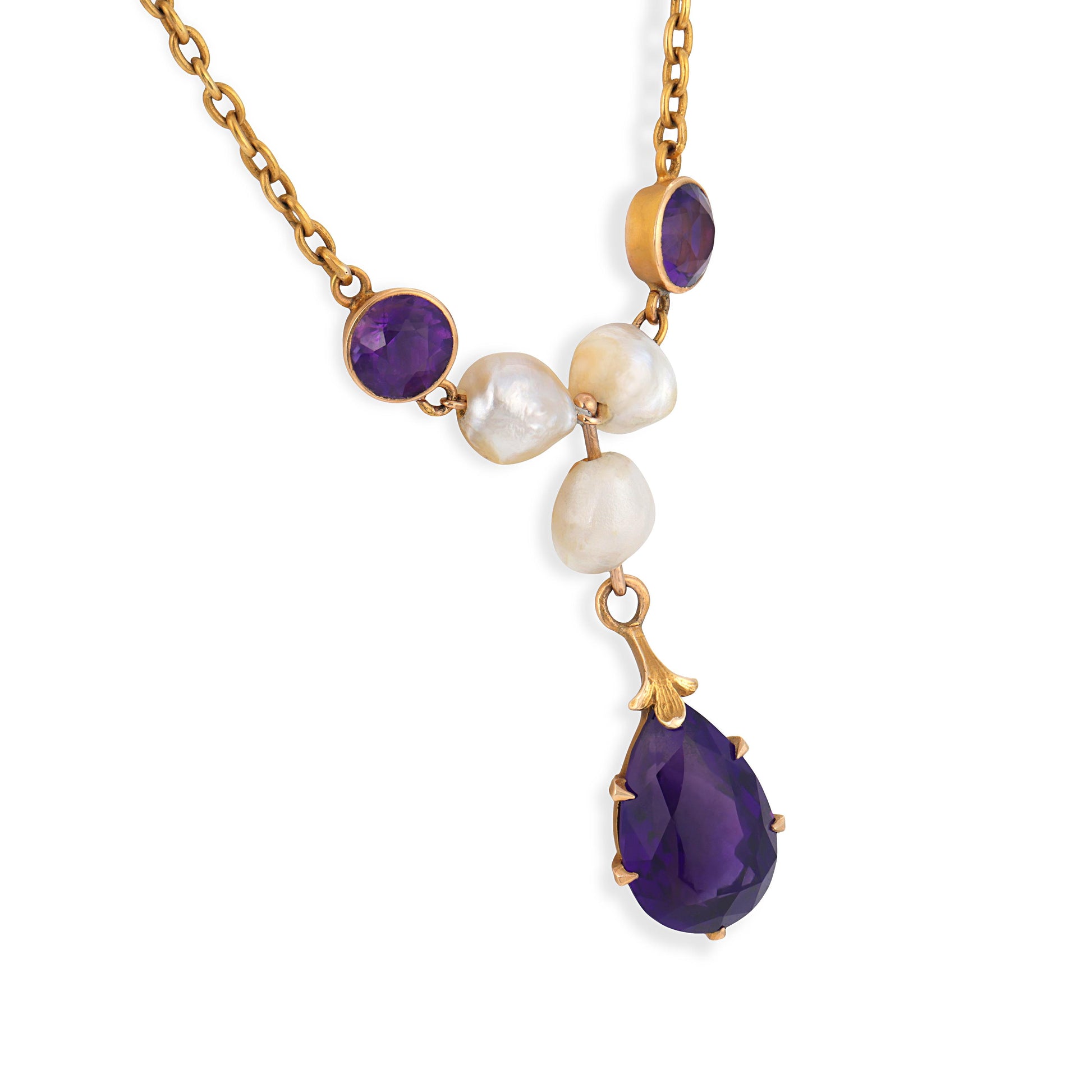 Art Nouveau 14k Amethyst & Pearl Festoon Necklace