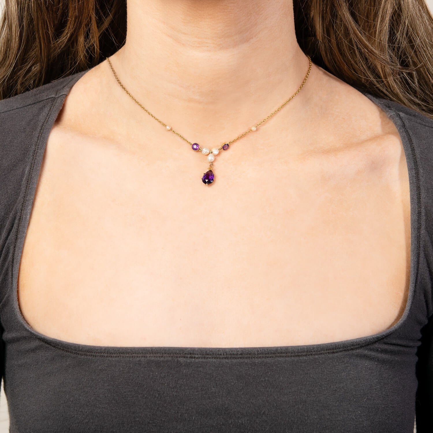 Art Nouveau 14k Amethyst & Pearl Festoon Necklace