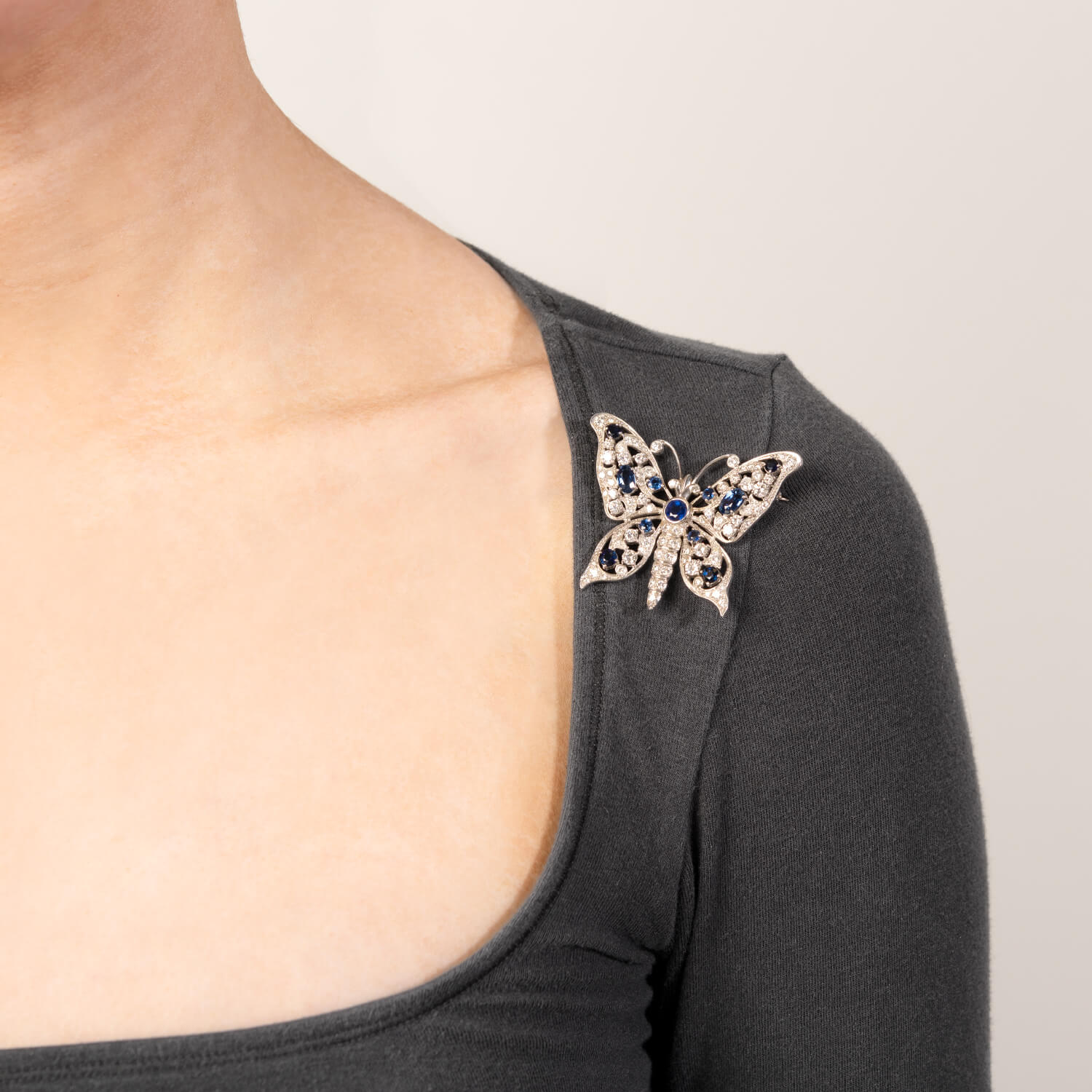 Estate Platinum Sapphire & Diamond Butterfly-Motif Pin
