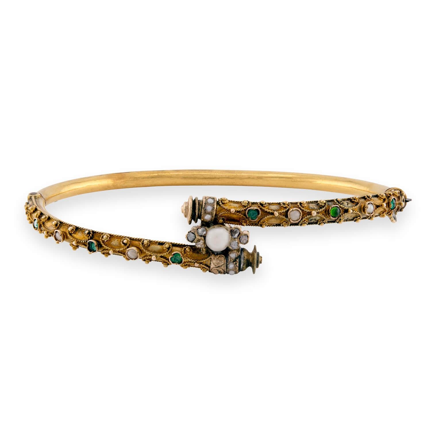 Victorian 18k Pearl, Diamond, & Emerald Etruscan Bangle
