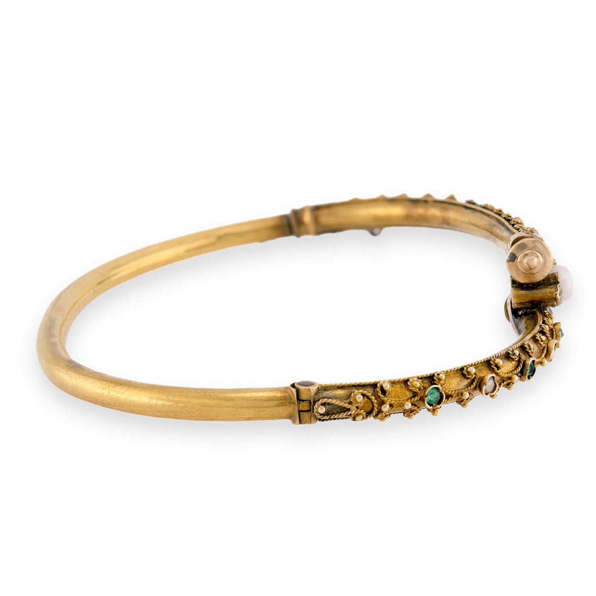 Victorian 18k Pearl, Diamond, & Emerald Etruscan Bangle