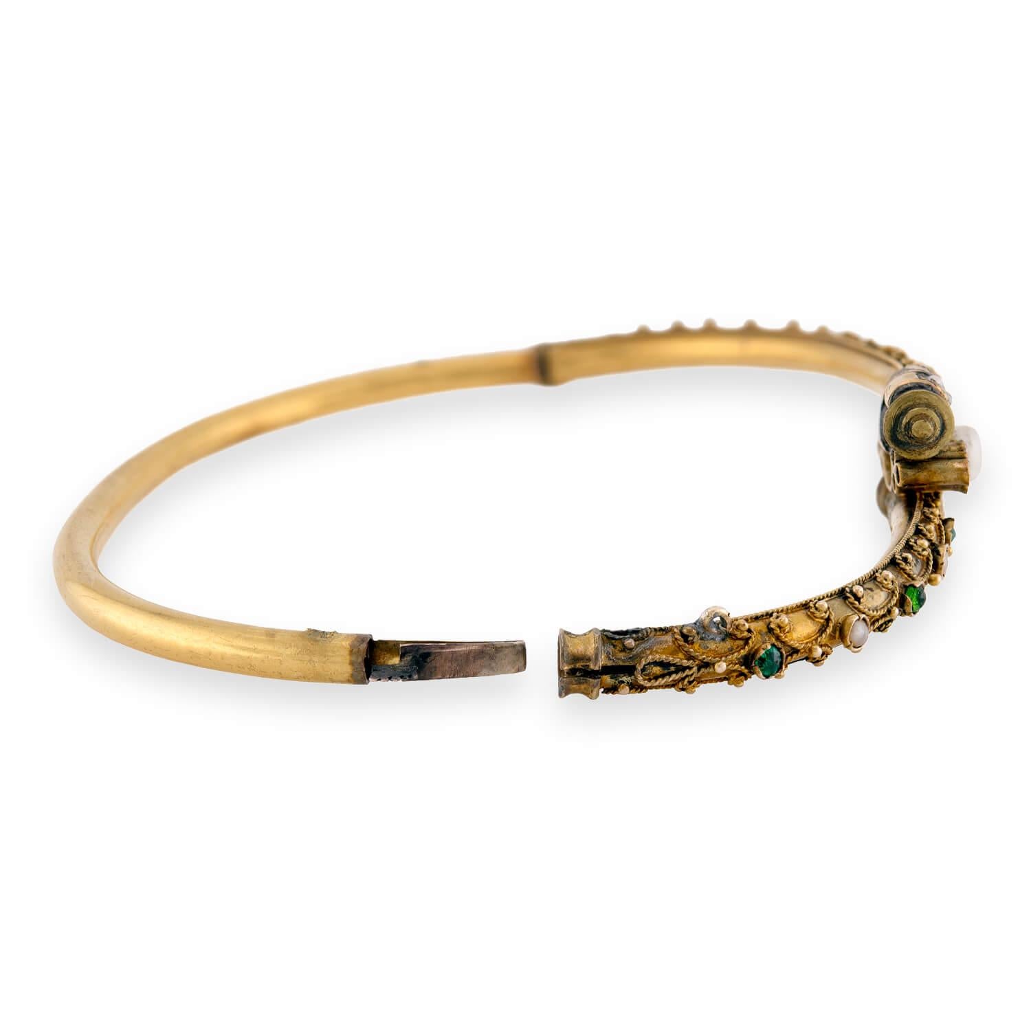Victorian 18k Pearl, Diamond, & Emerald Etruscan Bangle