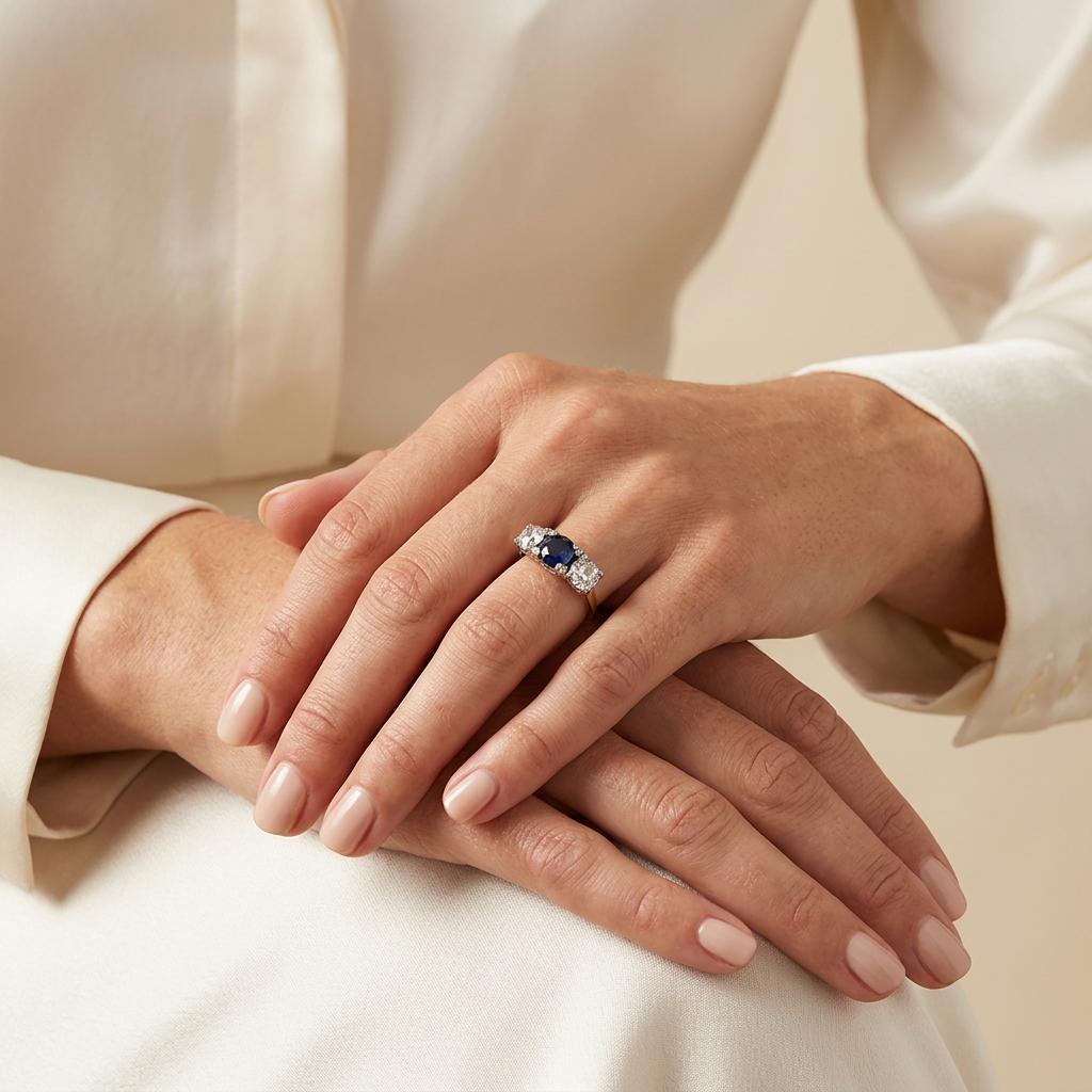Art Deco 14k Sapphire & Diamond Three Stone Ring