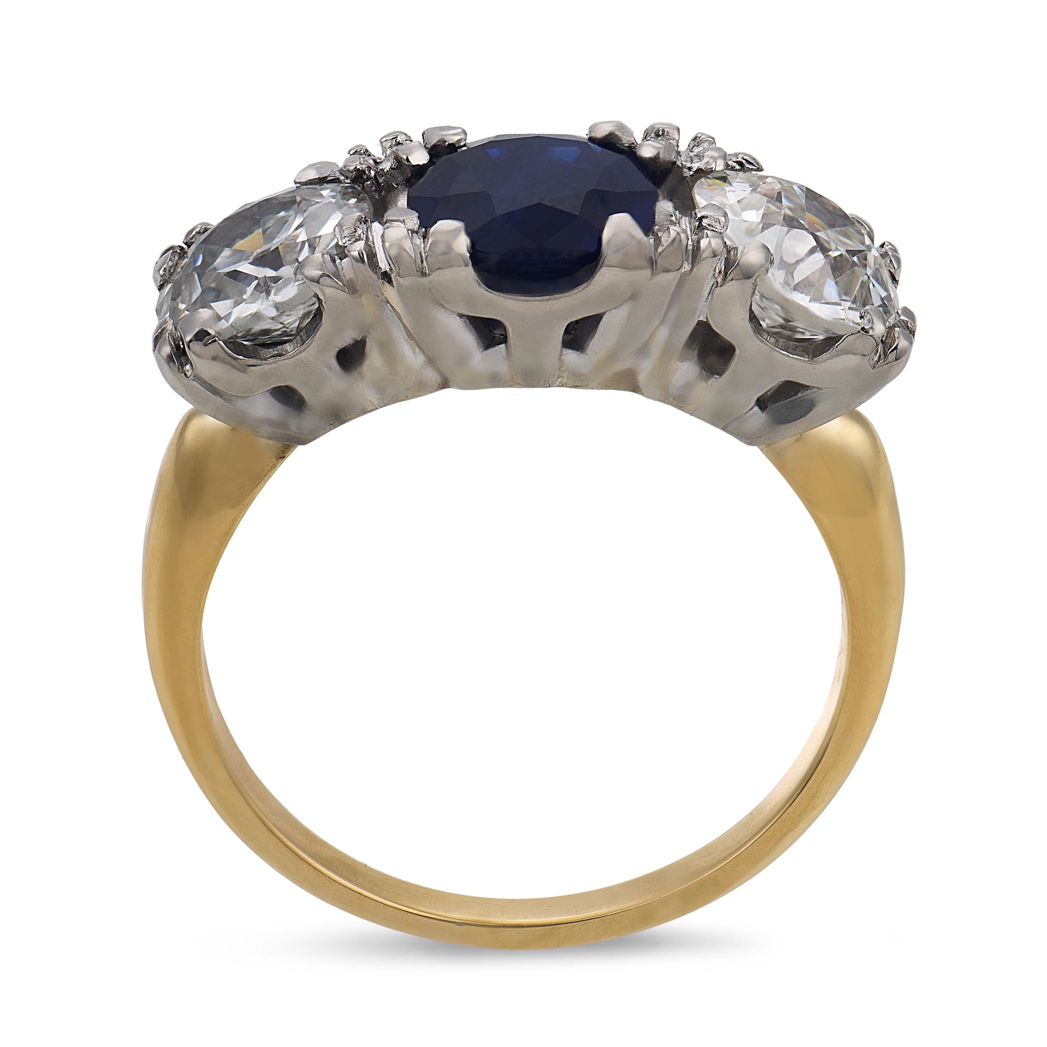 Art Deco 14k Sapphire & Diamond Three Stone Ring