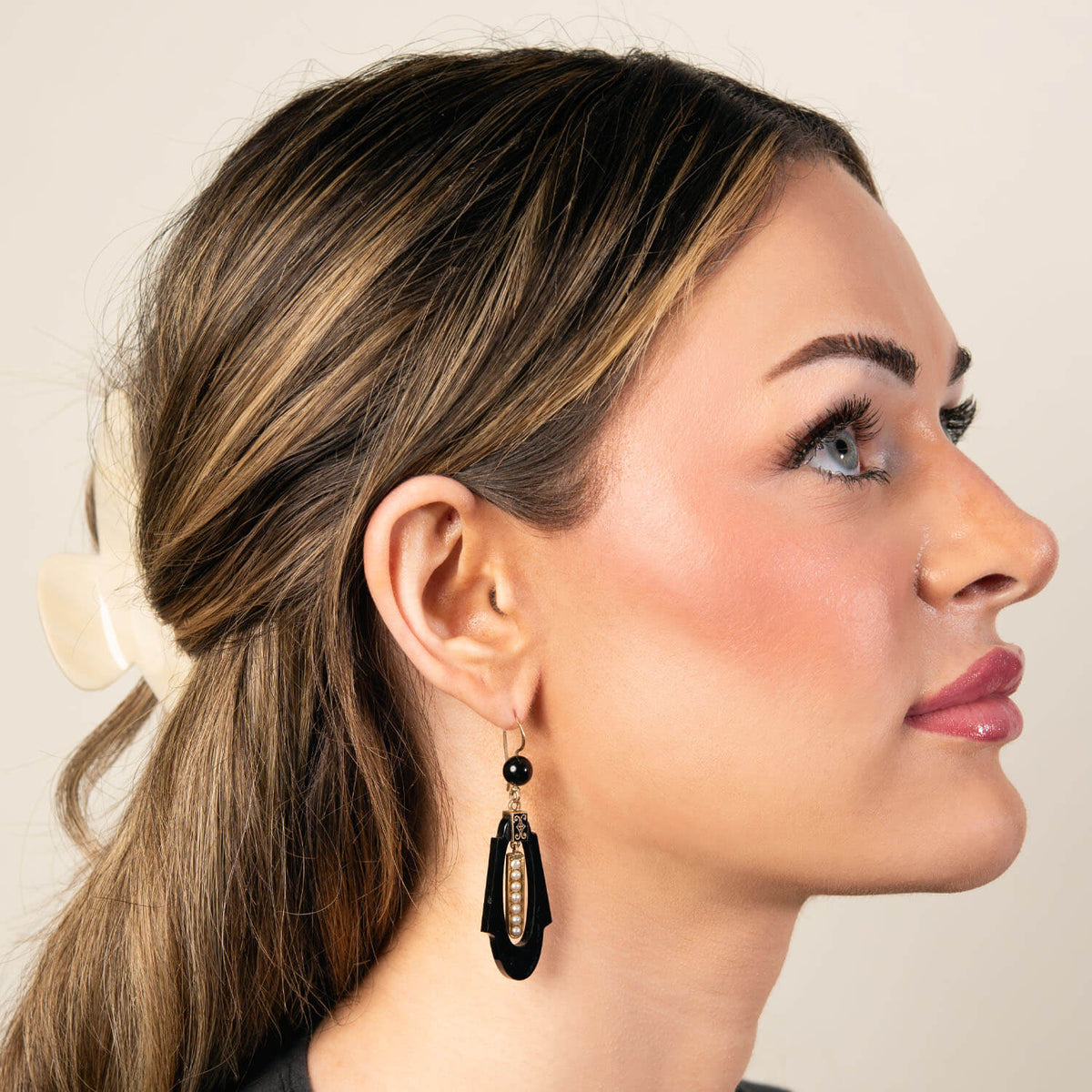 Victorian 14k Onyx, Pearl, & Enamel Dangle Earrings
