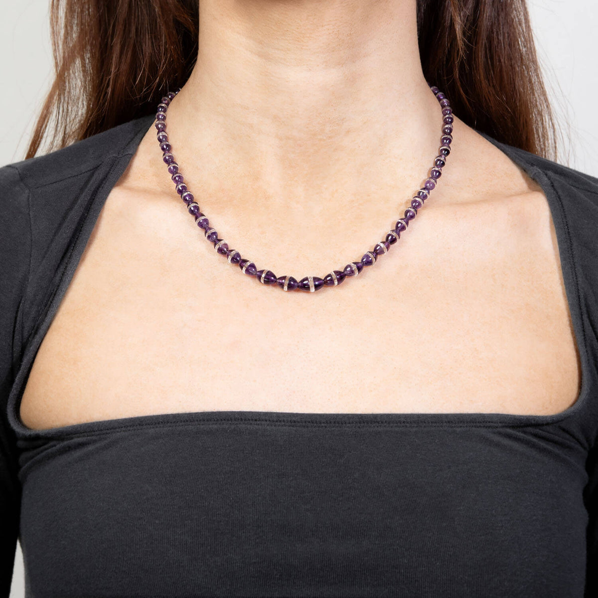 Art Deco 18k Amethyst and Rock Quartz Crystal Rondelle Bead Necklace