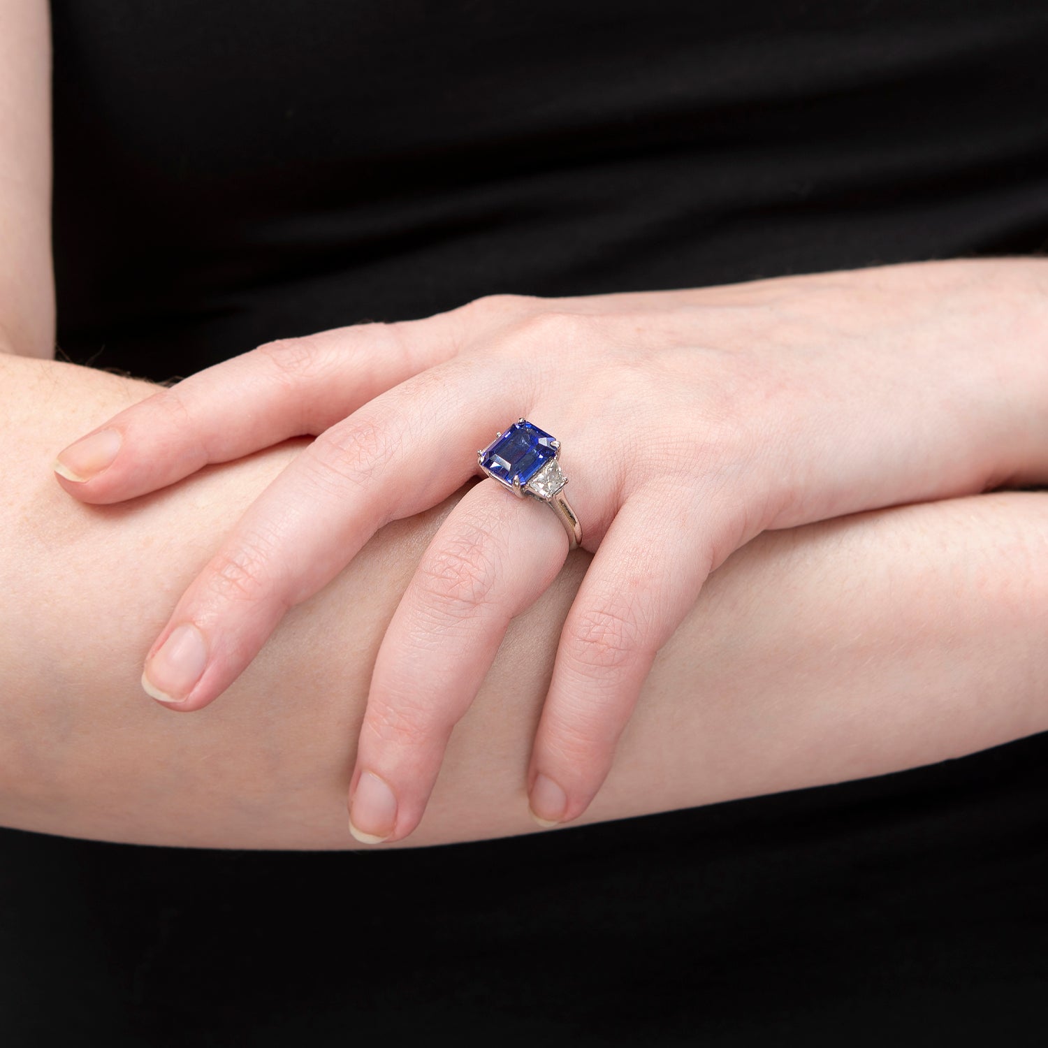 Estate Platinum Emerald Cut Tanzanite + Diamond Ring 6ctw