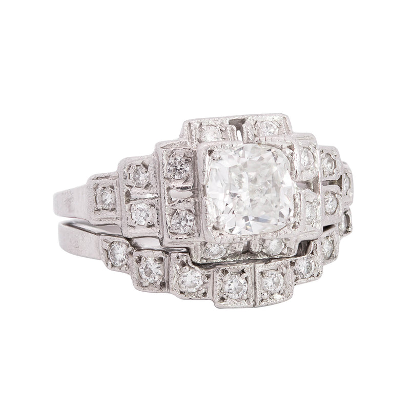 Art Deco Platinum "Step-Up" Diamond Engagement Ring Set with 1.04 center