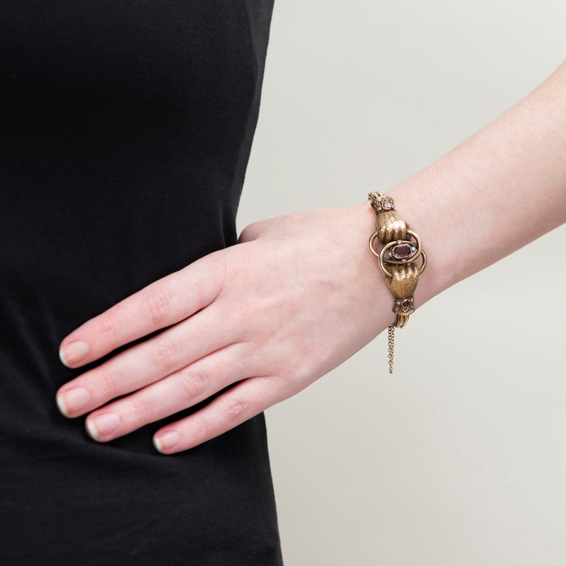 Victorian 14k Pearl + Garnet Hands Bangle Bracelet