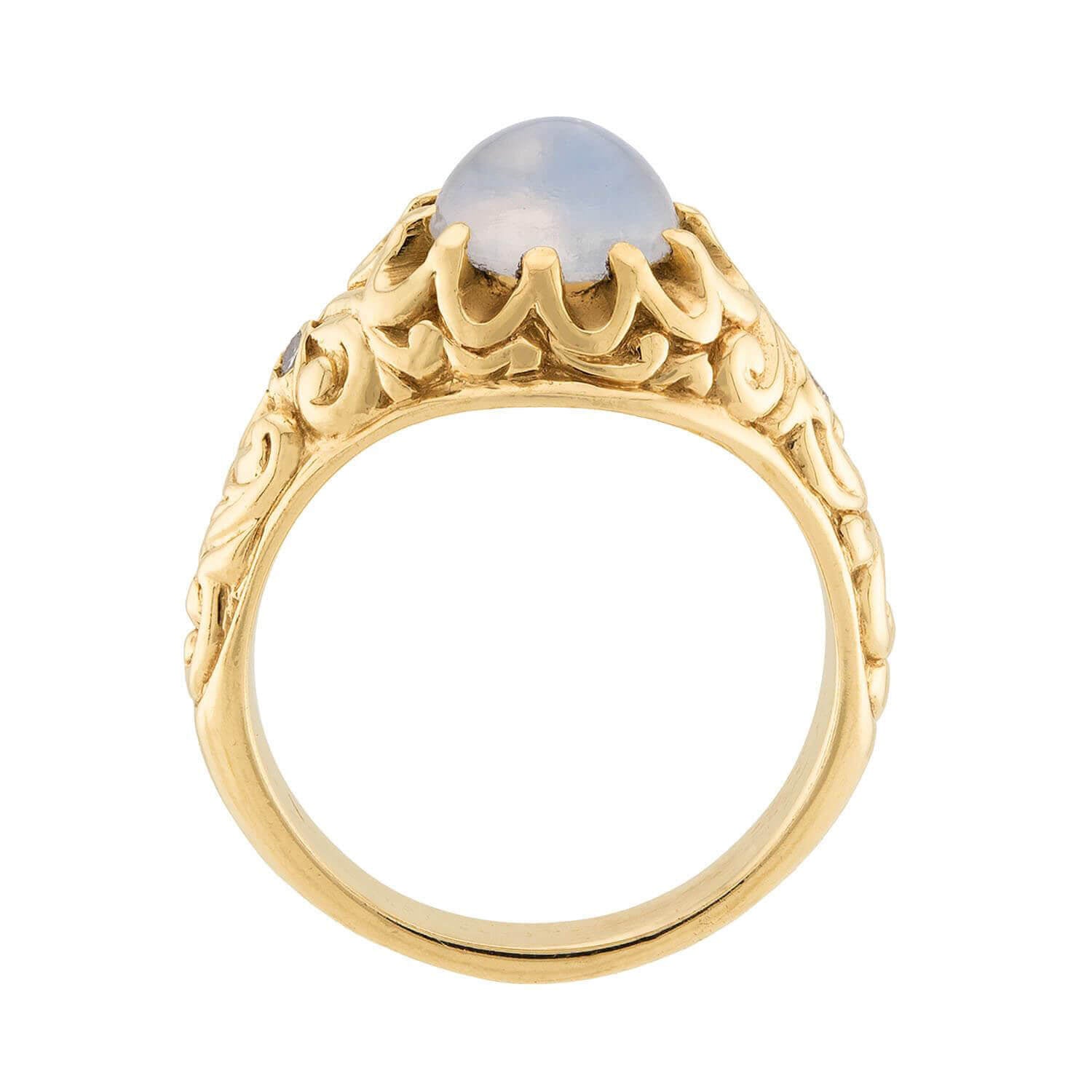 Victorian 14k Repousse Moonstone & Diamond Ring