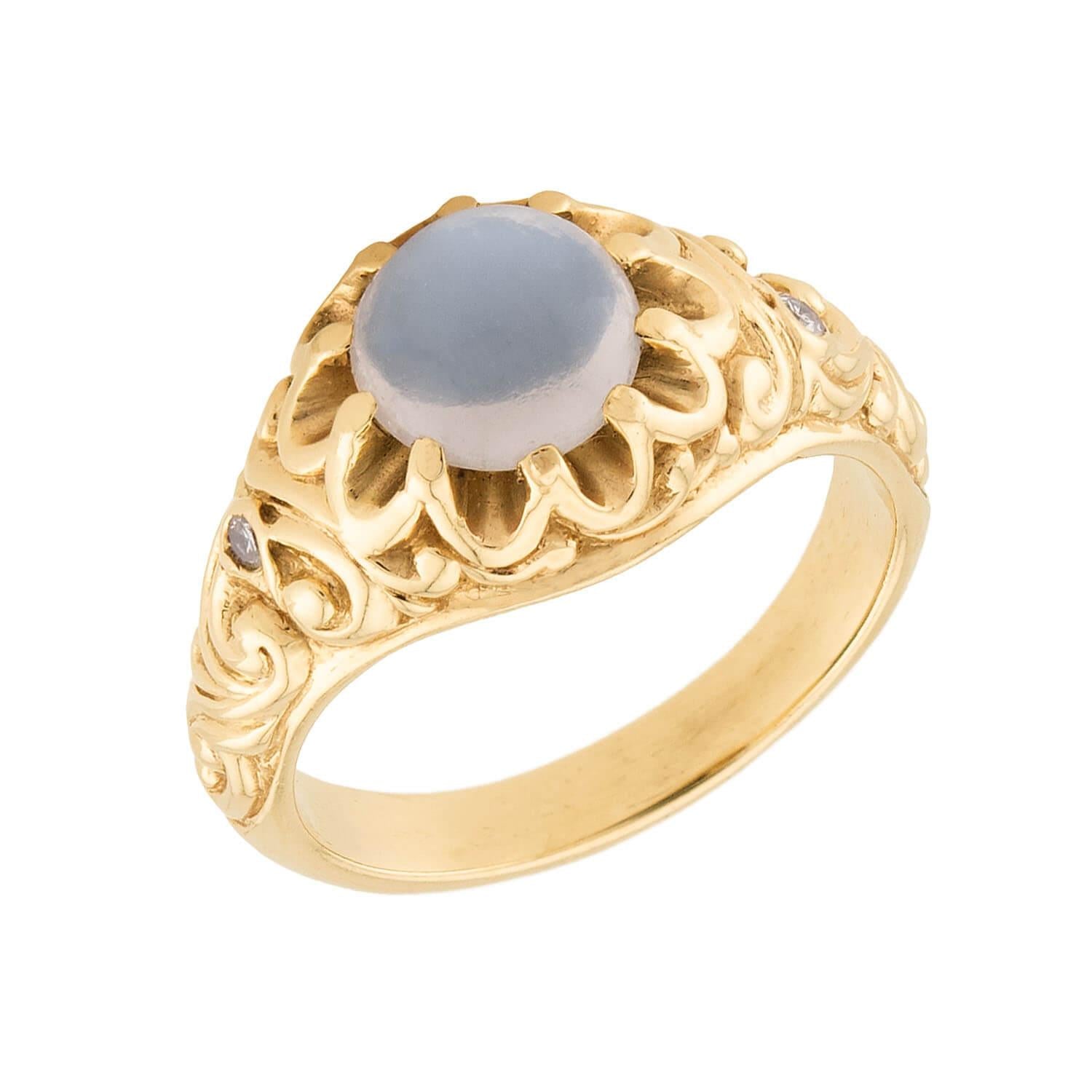 Victorian 14k Repousse Moonstone & Diamond Ring