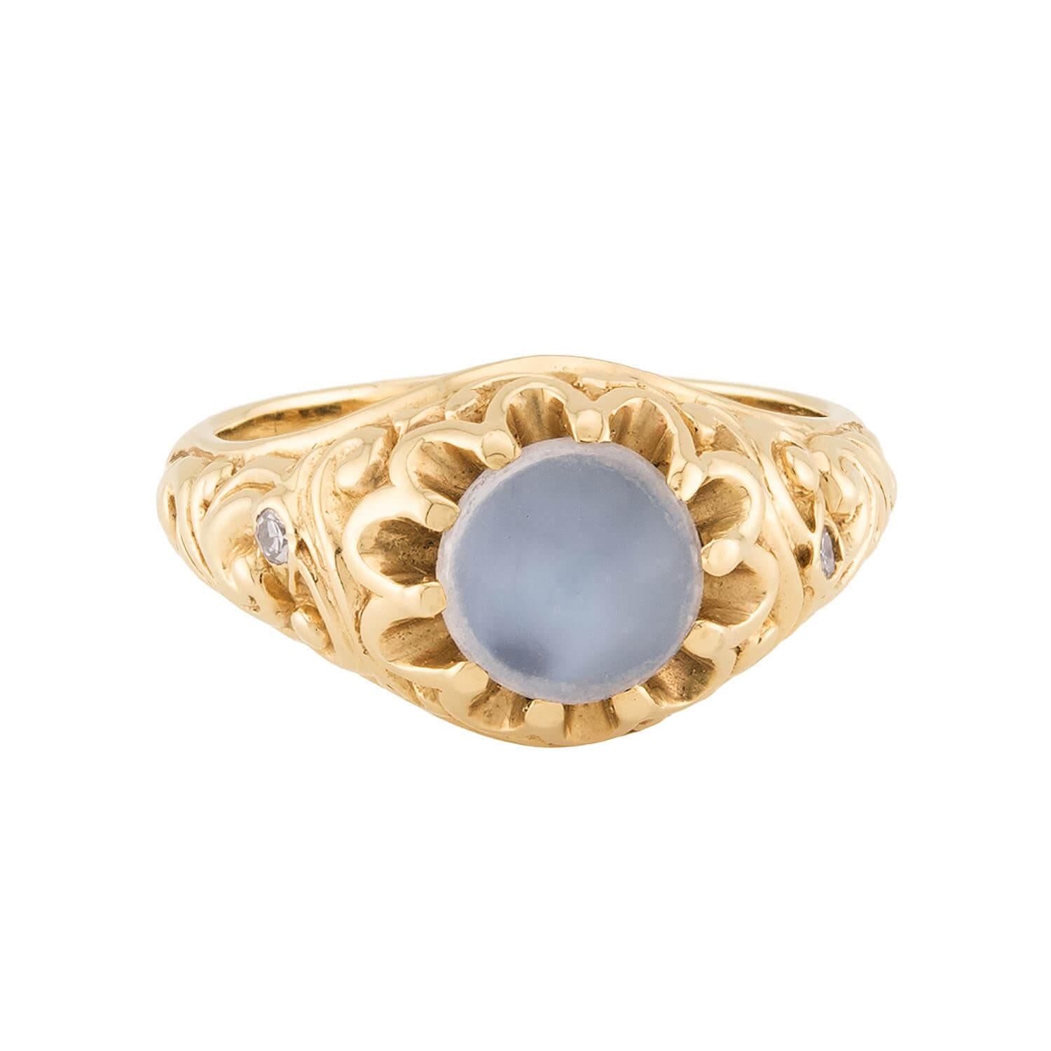 Victorian 14k Repousse Moonstone & Diamond Ring