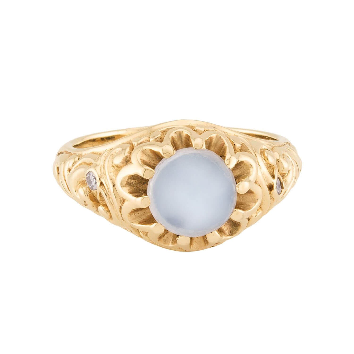 Victorian 14k Repousse Moonstone & Diamond Ring
