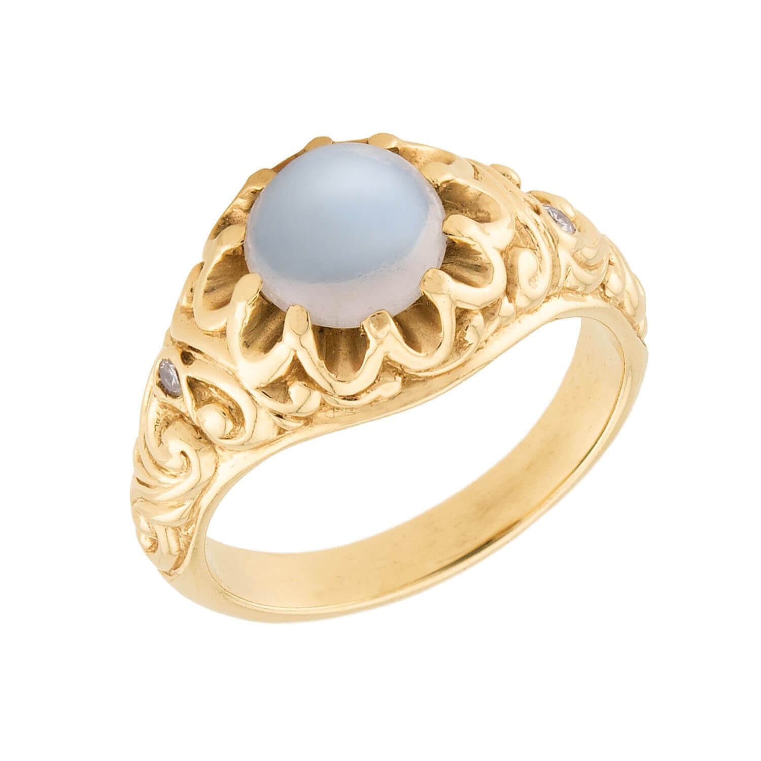 Victorian 14k Repousse Moonstone & Diamond Ring