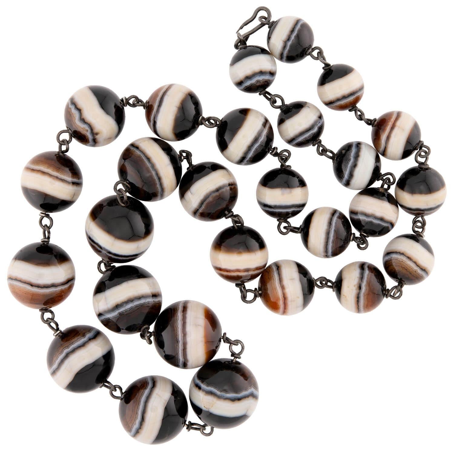 Victorian Sterling Silver Banded Agate Bead Necklace 20"