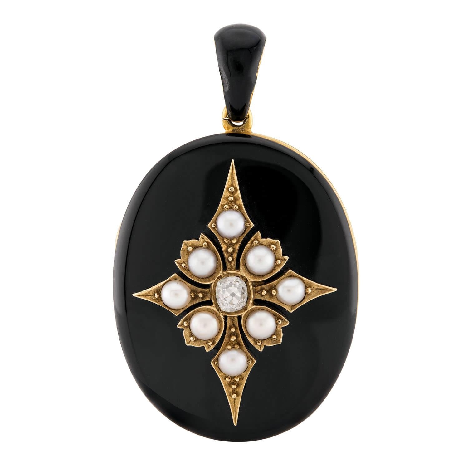 Victorian English 15k Enamel, Diamond, & Pearl Mourning Locket