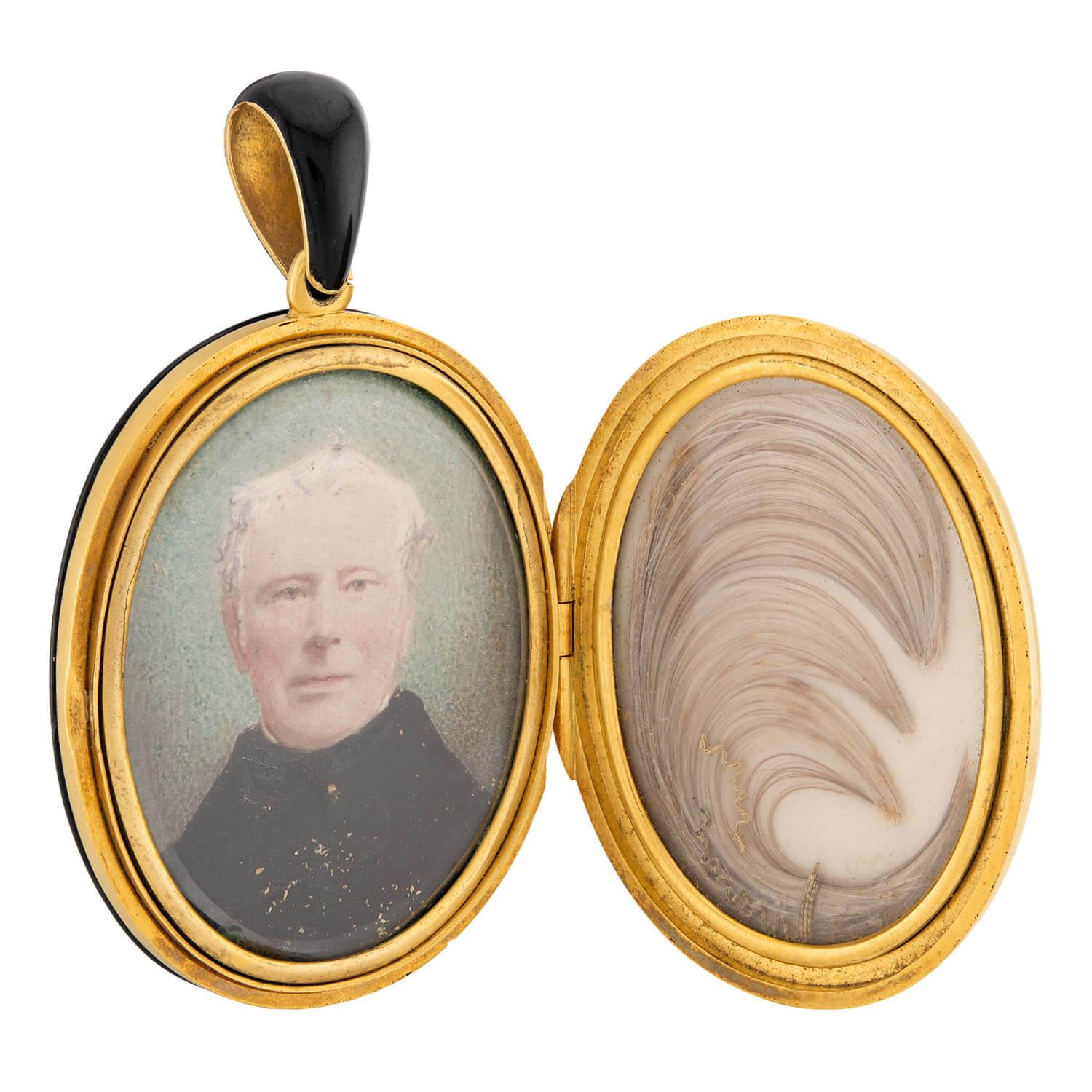 Victorian English 15k Enamel, Diamond, & Pearl Mourning Locket